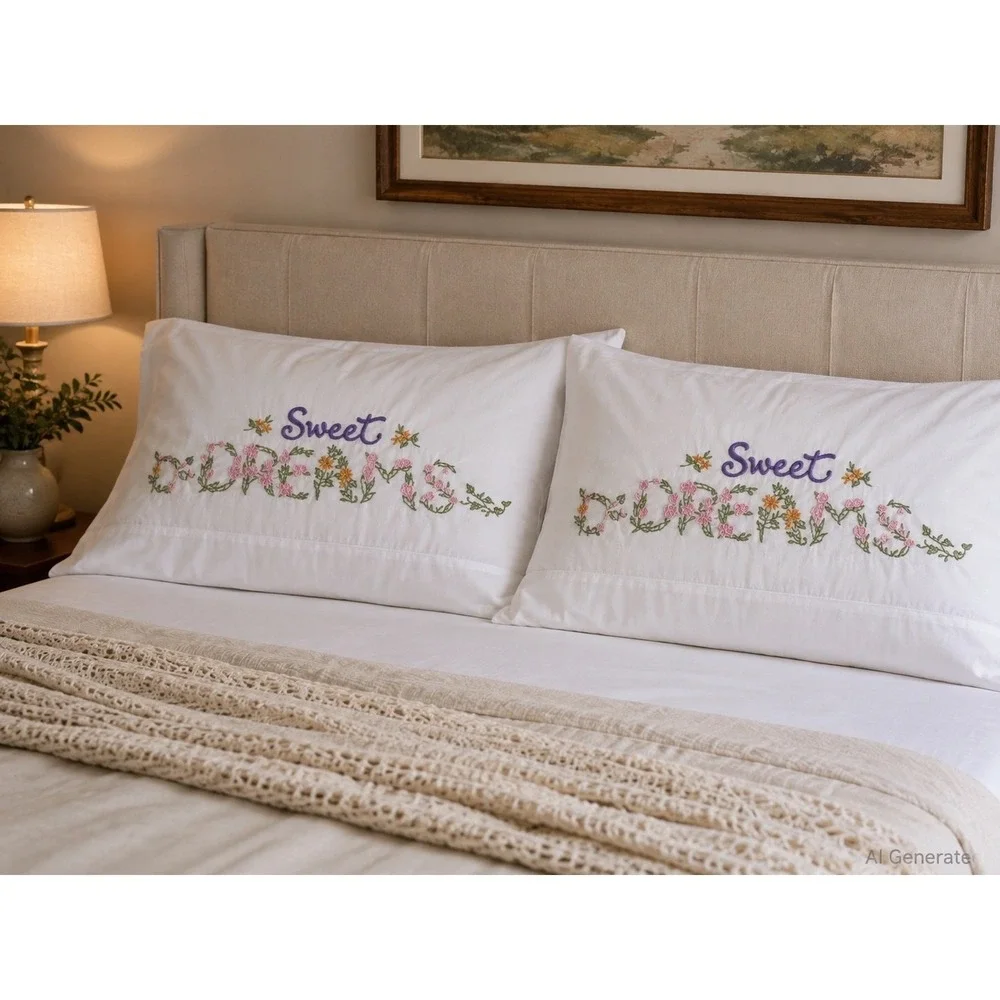 Vintage Sweet Dreams Embroidered Pillowcases Set of 2 Floral White T160 USA